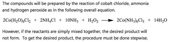 The compounds will be prepared by the reaction of cobalt chloride, ammonia and hydrogen peroxide as in the following overall