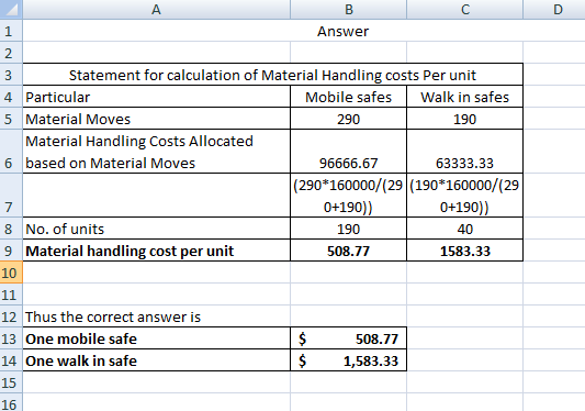 Answer 3 Statement for calculation of Material Handling costs Per unit 4 Particular Mobile safes Walk in safes 5 Material Mov