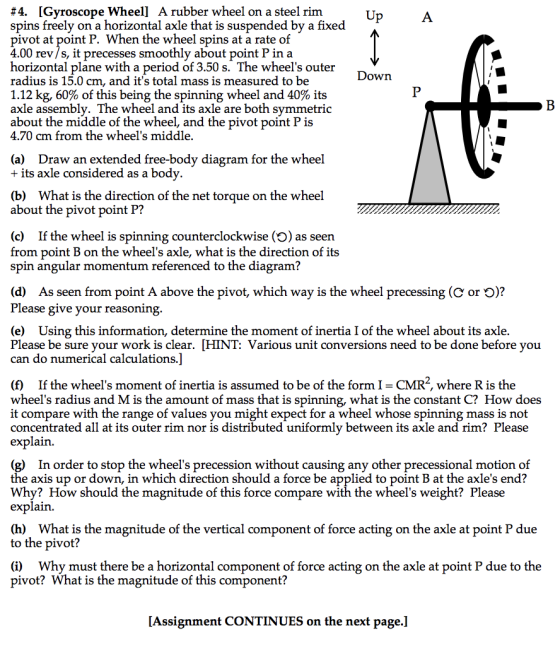 Up A #4. [Gyroscope Wheel] A rubber wheel on a steel rim spins freely on a horizontal axle that is suspended by a fixed pivot