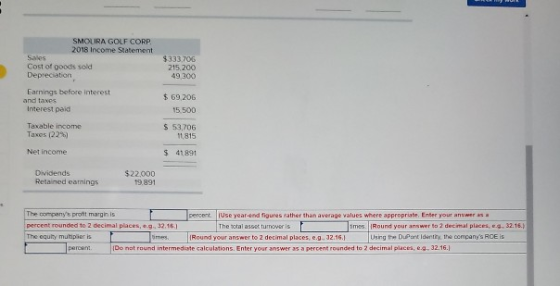 SMOLIRA GOLF CORP. 2018 Income Statement Sales Cost of goods sold Depreciation $333,706 215 200 49 300 Earnings before intere