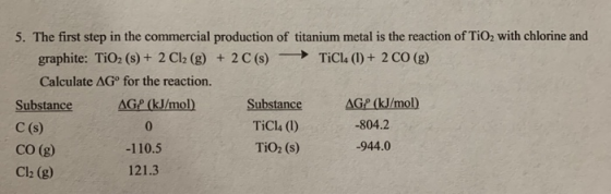 5. The first step in the commercial production of titanium metal is the reaction of TiO2 with chlorine and graphite: TiO2 (s)