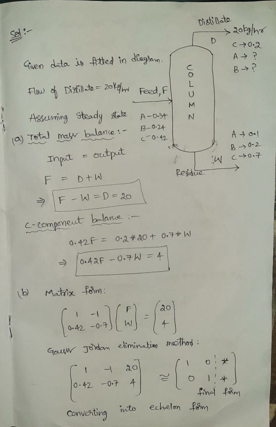 Distillate 20kg/ho D C 0.2 A ? Given data is fitted in disgram. م د B Flow of Distillete = 2018 Feed, F M N Assuming Steady s