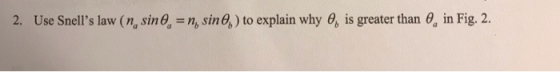 2. Use Snells law (n, sin = n, sine,) to explain why , is greater than 0 in Fig. 2.