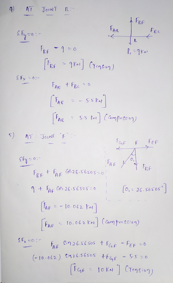 4) AT JOINT B :- AFBE FBC t Efy=o:- FRE - q=0 [her 9 Kai] (Tension) Efx = 0 FAR + FRc =0 -5.5kn [FAL [FAR . 5.5 Kn (compressi