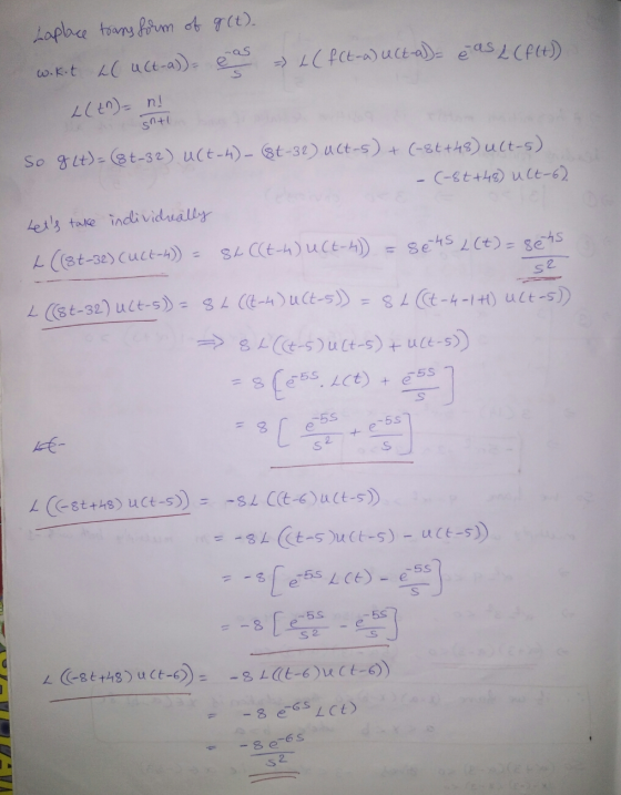 Laplace transform of g (t). w.kot hluct-a)) = -as t( f (t-a) uct-a)= é as 2 (F(t) S L(tn) = n! Sa+! So g (t)=(8t-32) UCt-4)-(