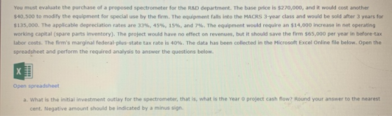 You must evaluate the purchase of a proposed spectrometer for the R&D department. The base price is $270,000, and it would co