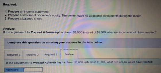 Required: 1. Prepare an income statement. 2. Prepare a statement of owners equity. The owner made no additional investments