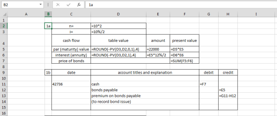 X for la D E F G H I la n = i= =10*2 =10%/2 cash flow table value amount present value par (maturity) value =ROUND(-PV(D3,D2,
