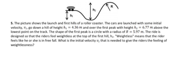 hi 5. The picture shows the launch and first hills of a roller coaster. The cars are launched with some initial velocity, vi