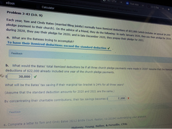 eBook X Betonmentse sono portals Post Atte x Calculator o cha Rias x + Problem 3-43 (LO. 9) Each year, Tom and Cindy Bates (m