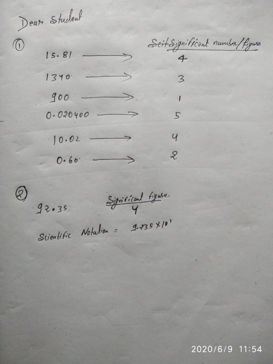 Dear student StitSignificant number / Piguse 15.81 1390 3 900 0.020400 5 10.02 4 0.66 92.35 Significant figure 4 9.2354100 Sc