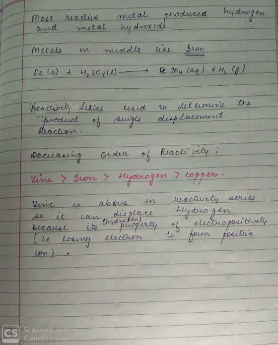 Most and reactive metal metal produced hydroxide. hydrogen. metals in middle like Iron Fe (s) + H₂SO4 (1) Fe sou laq) + H₂ Cg