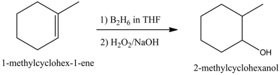1) BH in THE
2) H2O2/NaOH
OH
1-methylcyclohex-1-ene
2-methylcyclohexanol
