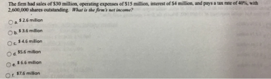 The firm had sales of S30 million, operating expenses of si 5 million, interest of S4 million, and pays a tax rate of 40%, with 2,600,000 shares outstanding. What is the firms net income? O a. $2.6 million O b. $3.6 million e* 4.6 million d, $5.6 million e. $6.6 million Or $76 million