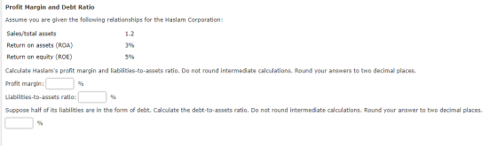Profit Margin and Debt Ratio Assume you are given the following relationships for the Haslam Corporation: Sales/total assets