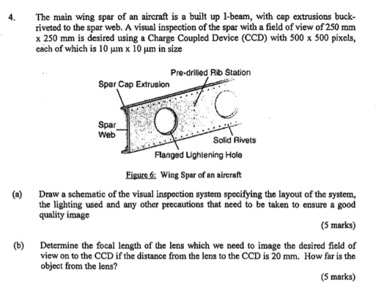 The main wing spar of an aircraft is a built up I-beam, with cap extrusions buck- riveted to the spar web. A visual inspection of the spar with a field of view of 250 mm x 250 mm is desired using a Charge Coupled Device (CCD) with 500 x 500 pixels, each of which is 10 μ n x 10 μm in size 4. Pre-drilled Rib Station Spar Cap Extrusion Spar Web Solid Rivets Flanged Lightening Hole Eigure6: Wing Spar of an aircraft Draw a schematic of the visual inspection system specifying the layout of the system, the lighting used and any other precautions that need to be taken to ensure a good quality image (a) (5 marks) (b) Determine the focal length of the lens which we need to image the desired field of view on to the CCD if the distance from the lens to the CCD is 20 mm. How far is the object from the lens? (5 marks)