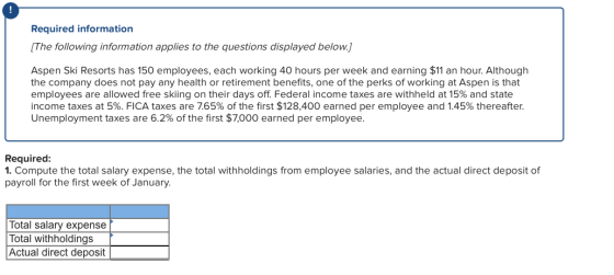 Required information [The following information applies to the questions displayed below.) Aspen Ski Resorts has 150 employee