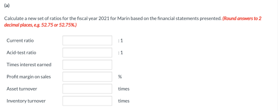 (a) Calculate a new set of ratios for the fiscal year 2021 for Marin based on the financial statements presented. (Round answ