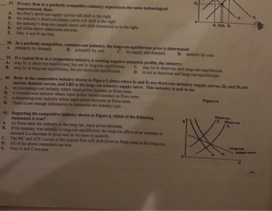 37. If every firm in a perfectly competitive industry experiences the same technological improvement, then A. the firms short-run supply curves will shift to the right. B. the industrys short-run supply curve will shift to the right. C. the industrys long-run supply curve will shift downward or to the right D. All of the above statements are true. E. Only A and B are true. D, a, ap, o, 38. In a perfectly competitive, constant-cost industry, the long-run equilibrium price is determined: A. primarily by demand. B. primarily by cost. C by supply and demand. D. entirely by cost. 39. If a typical firm in a competitive industry is earning negative economic profits, the industry: A. may be in short run equilibrium, but not in long-run equilibrium. . may be in short run and long-run equilibrium. B. may be in long-run equilibrium, but not short-run equilibrium. D. is not in short-run and long-run equilibrium. 40. Refer to the competitive industry shown in Figure 5 above where Sı and Si are short-run industry supply curves, Di and Di are market demand curves, and LRS is the long-run industry supply curve. This industry is said to be: A. an increasing-cost industry where input prices increase as firms enter B. a constant-cost industry where input prices remain constant as firms enter. C. a decreasing-cost industry where input prices decrease as firms enter. D. There is not enough information to determine the industry type. Figure 6 Short-run Regarding the competitive industry shown in Figure 6, which of the following statements is true? As firms enter the industry in the long run, input prices decrease. If the industry was initially in long-run equilibrium, the long-run effect of an increase in demand is a decrease in price and an increase in quantity The MC and ATC curves of the typical firm will shift down as firms enter in the long run. All of the above statements are true. Only A and C are true. 41. S Shori-run A. B. C. D. E. Long-run D, supply eurve
