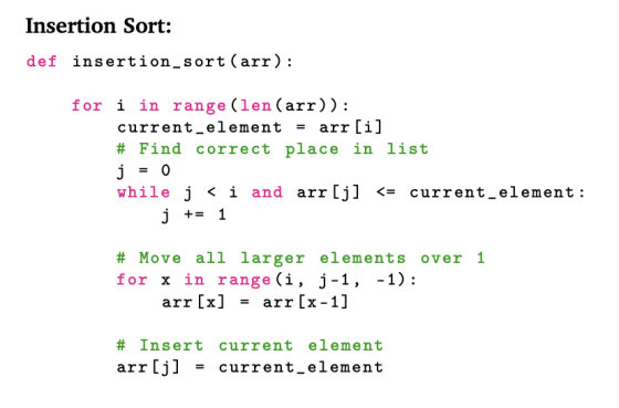 Insertion Sort: def insertion_sort (arr): for i in range (len (arr)): current_element = arr[i] # Find correct place in list j
