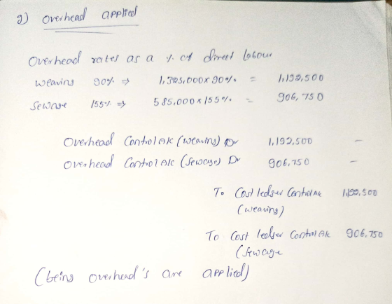 a) Overhead applied Overhead rates as a s. cf direct labour 90% Wearing 1,325.000X 90°). 1,199,500 906, 750 Sewage 155 = 585,