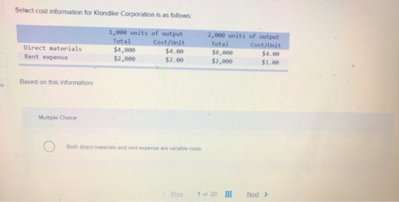 Select cost information for Klondike Corporation is as follows: Direct materials Rent expense 1,000 units of output Total Cos