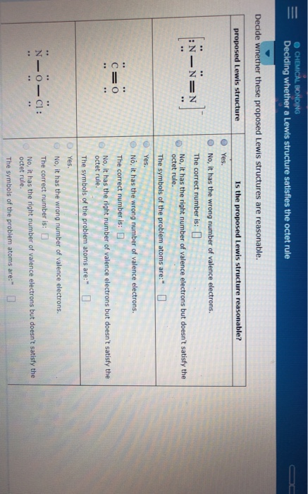 BONDING Deciding whether a Lewis structure satisfies the octet rule Decide wnether these proposed Lewis structures are reason