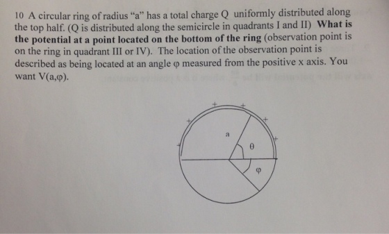 10 A circular ring of radius a has a total charge Q uniformly distributed along the top half (Q is distributed along the semicircle in quadrants I and II) What is the potential at a point located on the bottom of the ring (observation point is on the ring in quadrant III or IV). The location of the observation point is described as being located at an angle p measured from the positive x axis. You want V(a, p).