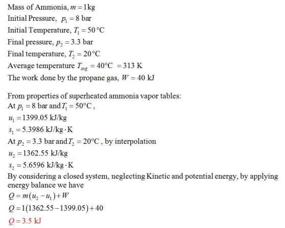 Mass of Ammonia, m 1kg Initial Pressure, p, 8 bar Initial Temperature, T 50°C Final pressure, p 3.3 bar Final temperature, T 20°C Average temperature Tz 40°C -313 K The work done by the propane gas, W 40 kJ From properties of superheated ammonia vapor tables: At p, -8 bar andTi - 50°C u 1399.05 kJ/kg s1 5.3986 kJ/kg K At p 3.3 bar and T, -20°C, by interpolation 112 1362.55 kJ/kg s2 5.6596 kJ/kg.K By considering a closed system, neglecting Kinetic and potential energy, by applying energy balance we have 0 11362.55-1399.05)+40 3.5 kJ