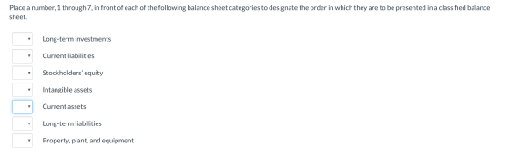 Place a number, 1 through 7, in front of each of the following balance sheet categories to designate the order in which they