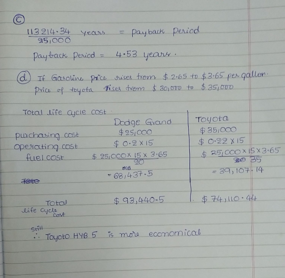 113214·34 25,000 years = pay back period payback period = 4 • 53 years. (d) If Price Gasoline price rises from $2.65 to $3.65