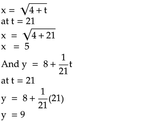 x= V4+t at t = 21 x = V4+ 21 x = 5 And y = 8+377 at t = 21 y = 8+2 (21) y = 9