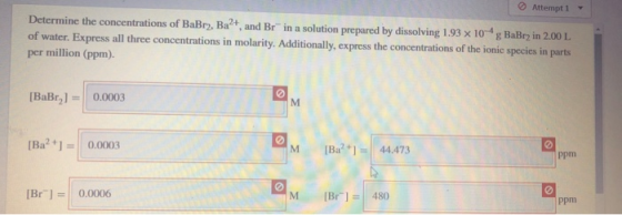 Attempt 1 Determine the concentrations of BaBry, Ba2+, and Brin a solution prepared by dissolving 1.93 x 10g BaBry in 2.00 L