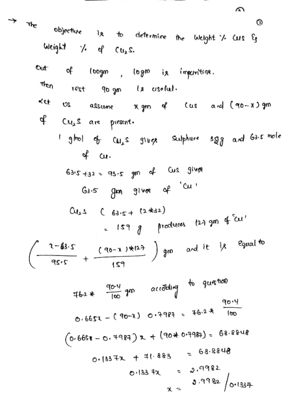 objective is to determine the weight % aus weight % of cu,s. out of loogm , logn is impurition. Then rest 90 gm is usefeed. d
