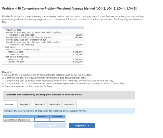 Problem 4-16 Comprehensive Problem-Weighted Average Method (LO4-2, LO4-3, LO4-4, LO4-5) Builder Products, Inc., uses the weig