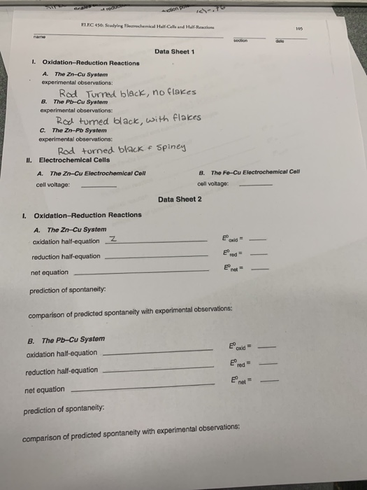 ELEC 450, Sewlying Flectrochemical Half-Cat and Har Reactions Data Sheet 1 1. Oxidation-Reduction Reactions A. The Zn-Cu Syst