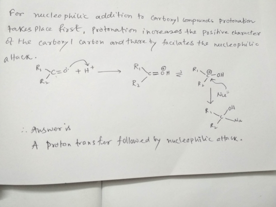 for nucleophilic addition to carbonyl compounds protonation takes place first protonation increases the positive character of