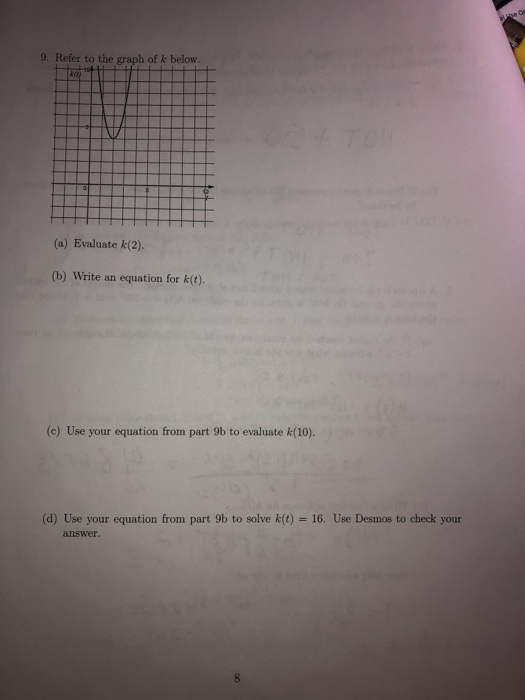 9. Refer to the graph of k below. (a) Evaluate k(2). (b) Write an equation for k(t). (c) Use your equation from part 9b to ev