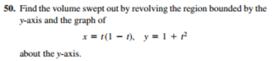 50. Find the volume swept out by revolving the region bounded by the y-axis and the graph of x=1(1-1), y=1+12