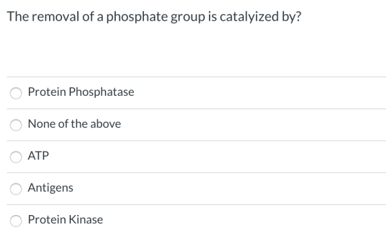 The removal of a phosphate group is catalyized by? O Protein Phosphatase O None of the above ОАТР O Antigens O Protein kinase