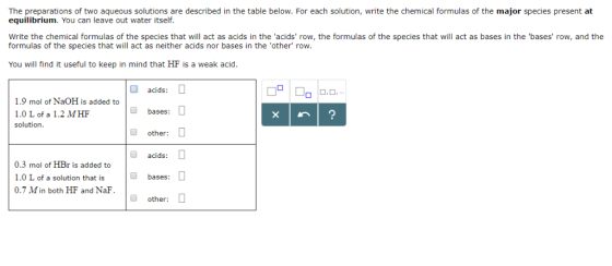 The preparations of two aqueous solutions are described in the table below. For each solution, write the chemical formulas of
