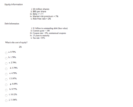 Equity Information i. 50 million shares ii. $80 per share iii. Beta = 1.11 iv. Market risk premium = 7% v. Risk-free rate = 2