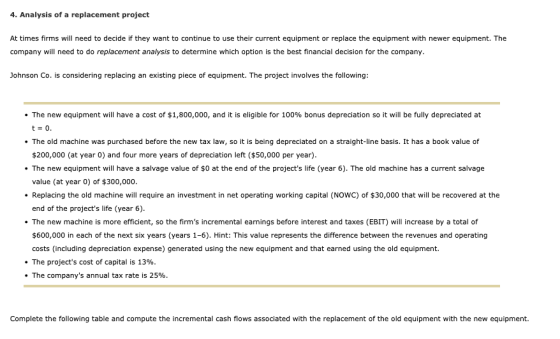 4. Analysis of a replacement project At times firms will need to decide if they want to continue to use their current equipme