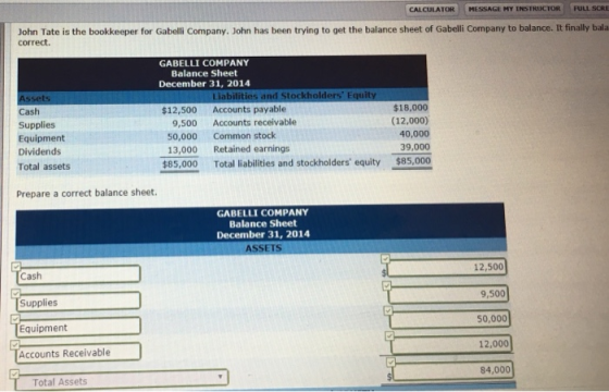 CALCULATORMESSAGE MY INSTRUCTOR FULL SCRE John Tate is the bookkeeper for Gabelli Company. John has been trying to get the balance sheet of Gabelli Company to balance. It finally bala correct. GABELLI COMPANY December 31, 2014 $12,500 Accounts payable Balance Sheet lities and Stockholders Equity Cash Supplies Equipment Dividends Total assets 9,500 Accounts receivable 50,000 Common stock 13,000 Retained earnings $18,000 (12,000) 40,000 39,000 $85,000 Total liabilities and stockholders equity $85.000 Prepare a correct balance sheet. GABELLI COMPANY Balance Sheet December 31, 2014 ASSETS 12,500 9,500 50,000 12,000 84,000 Cash Supplies Equipment Accounts Receivable Total Assets