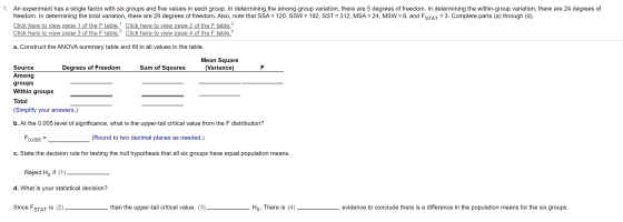 An experiment has a single factor with six groups and five values in each group. In determining the among-group variation, th