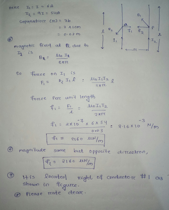 Here I = I = 6A Iz = 9 = 5UA Separation Cre) = 3b = 3 x 1cm = 0.03 m e B 1 @ IT magnetic field at due to Iz is Ba= llo Iq 2TR