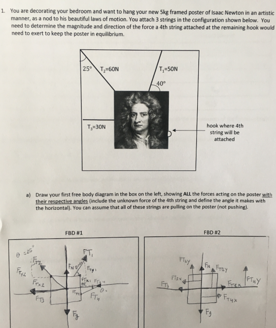 1. You are decorating your bedroom and want to hang your new 5kg framed poster of Isaac Newton in an artistic manner, as a nod to his beautiful laws of motion. You attach 3 strings in the configuration shown below. You need to determine the magnitude and direction of the force a 4th string attached at the remaining hook would need to exert to keep the poster in equilibrium. 250 T,-60N T1 50N 40° hook where 4th T3-30N string will be attached a) Draw your first free body diagram in the box on the left, showing ALL the forces acting on the poster with their respective an (include the unknown force of the 4th string and define the angle it makes with the horizontal). You can assume that all of these strings are pulling on the poster (not pushing). FBD #1 FBD #2 FT 4 Fixi Fre T4 x