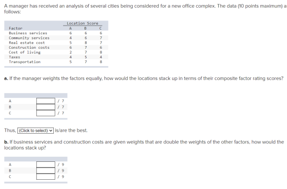 A manager has received an analysis of several cities being considered for a new office complex. The data (10 points maximum)
