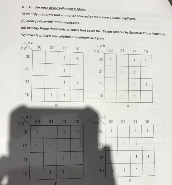 8. A. For each of the following K-Maps (i) Identify minterms that cannot be covered by more than 1 Prime Implicant. (ii) Identify Essential Prime Implicants (ii) Identify Prime Implicants or cubes that cover the 1s not covered by Essential Prime Implicants (iv) Provide at least one solution in minimum SOP form a b a b c d 00 01 11 10 00 01 1 10 00 1 01 01 10 10 a b a b c d 00 01 11 10 00 01 1 10 00 1 00 1 01 1 1 1 10 10