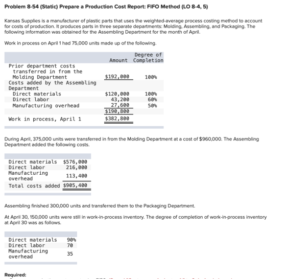 Problem 8-54 (Static) Prepare a Production Cost Report: FIFO Method (LO 8-4,5) Kansas Supplies is a manufacturer of plastic p